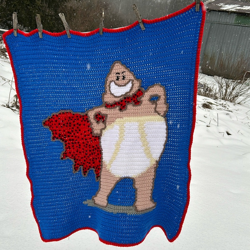 OOAK Captain Underpants Hand-Crochet Afghan Kids Blanket Excellent Condition
